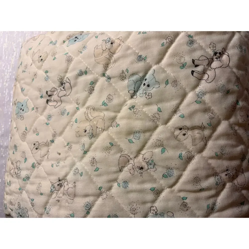 Vintage Handmade Quilted Baby Blanket Pastel Yellow Teddy Bear Poodle Flowers